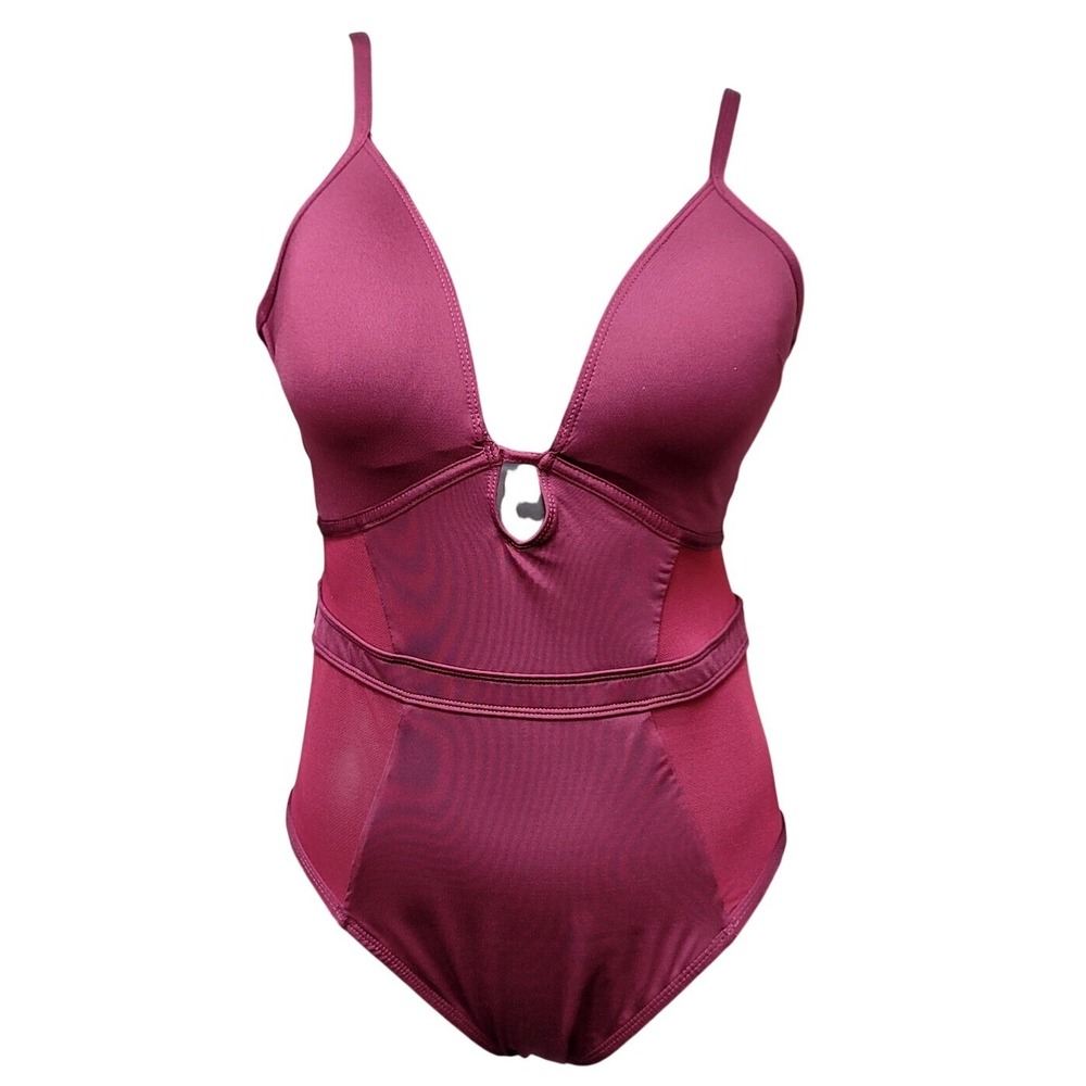 Kenneth Cole New York Burgundy Mesh Panel One Piece Swimsuit VNeck Cutout Back